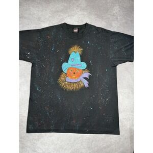 Vintage Pumpkin Scarecrow Shirt Mens XL Black Glitter Halloween Art 90s USA‎ Tee
